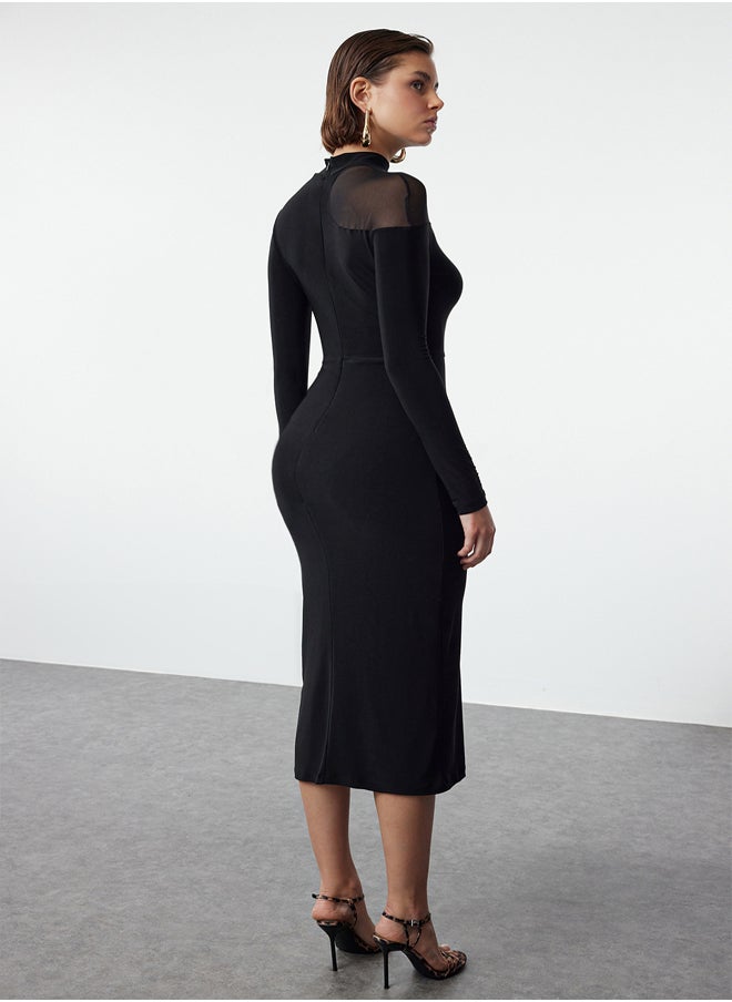 trendyol - Black Collar Detailed Knitted Midi Elegant Evening Dress TPRAW25EL00027 - Image 1