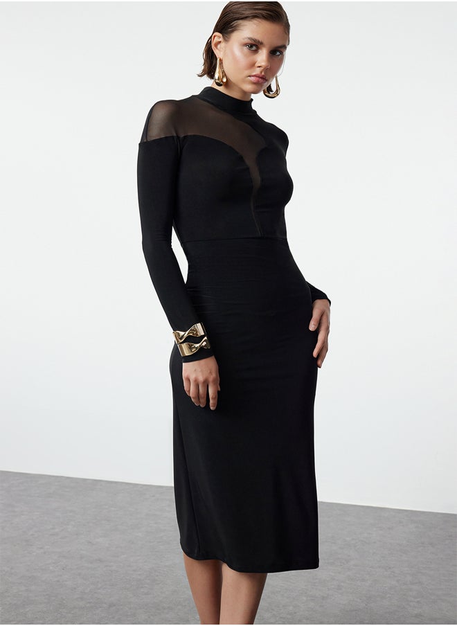 trendyol - Black Collar Detailed Knitted Midi Elegant Evening Dress TPRAW25EL00027 - Image 1