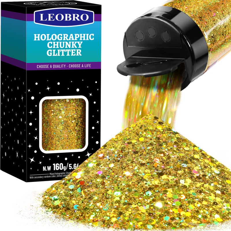 LEOBRO Holographic Chunky Glitter Gold  160G564OZ Craft Glitter for Resin Festival Cosmetic Face Crafts