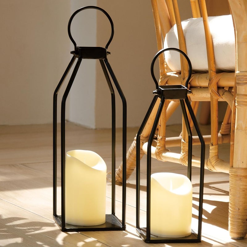 PERFNIQUE Modern Farmhouse Lantern Decor, 15'' 13'' Set of 2 Black Metal Lanterns, 2 LED 6hr Timer Flickering Flameless Candles, Lanterns Decorative for Outdoor Decor, Home, Indoor, Patio - Image 1