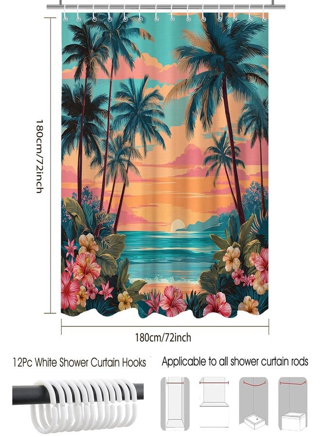 Mocsicka Tropical Shower Curtain Summer Coastal Palm Trees Floral Beach Shower Curtain Hawaii Sea Florals Decor Bath Curtain for Summer Bathroom Deocr Waterproof Bath Curtains 72 X 72 Inch - Image 3