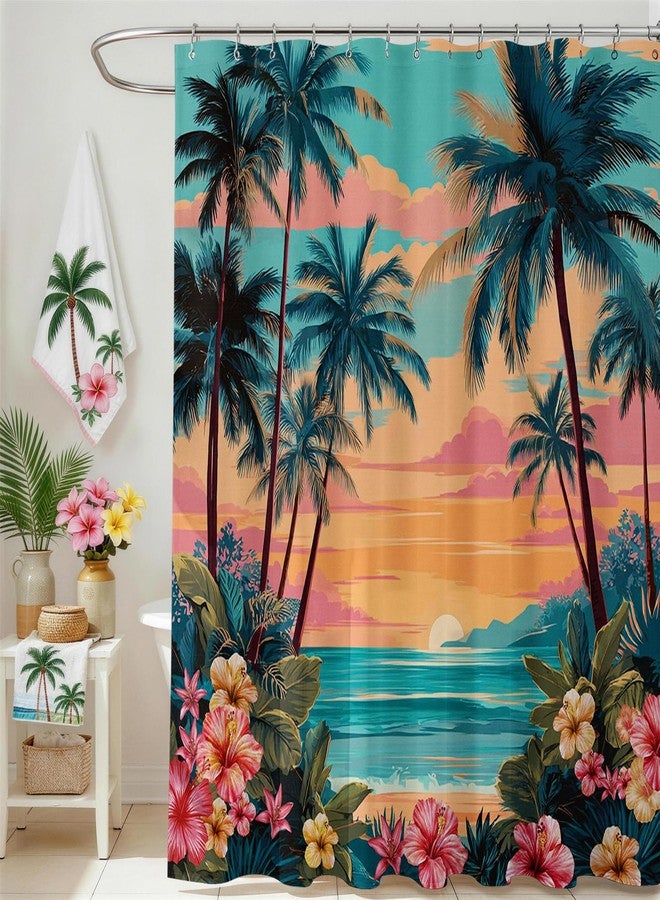 Mocsicka Tropical Shower Curtain Summer Coastal Palm Trees Floral Beach Shower Curtain Hawaii Sea Florals Decor Bath Curtain for Summer Bathroom Deocr Waterproof Bath Curtains 72 X 72 Inch - Image 1