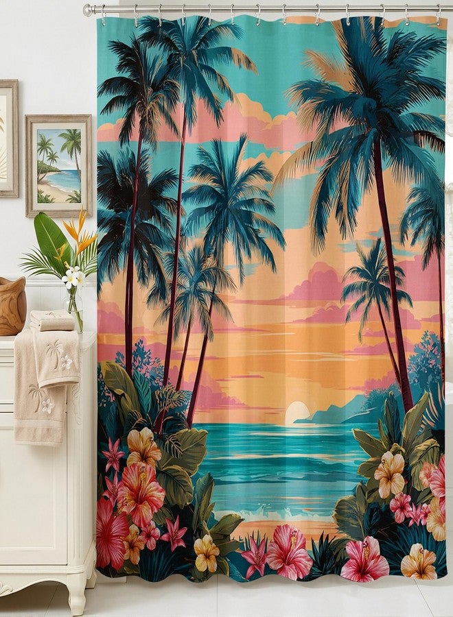 Mocsicka Tropical Shower Curtain Summer Coastal Palm Trees Floral Beach Shower Curtain Hawaii Sea Florals Decor Bath Curtain for Summer Bathroom Deocr Waterproof Bath Curtains 72 X 72 Inch - Image 2