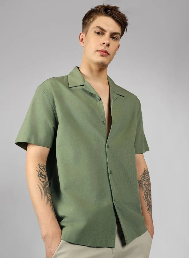 دينيس لينغو Relaxed Fit Green Cotton Shirt – Comfortable and Stylish
