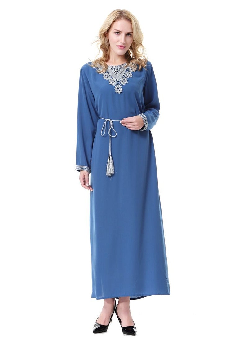 Loquat Women's Round Neck Long Sleeve Applique Maxi Long Casual Dress Robe With Belt Royal Blue/Grey  - Image 1