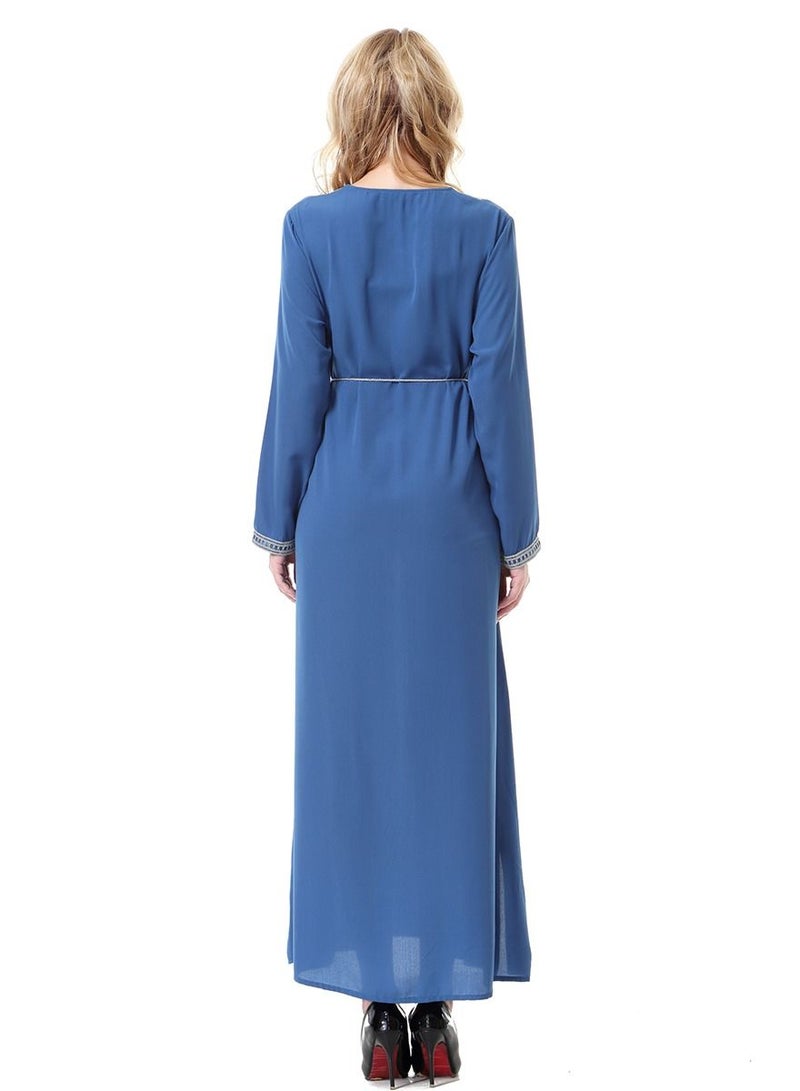 Loquat Women's Round Neck Long Sleeve Applique Maxi Long Casual Dress Robe With Belt Royal Blue/Grey  - Image 3