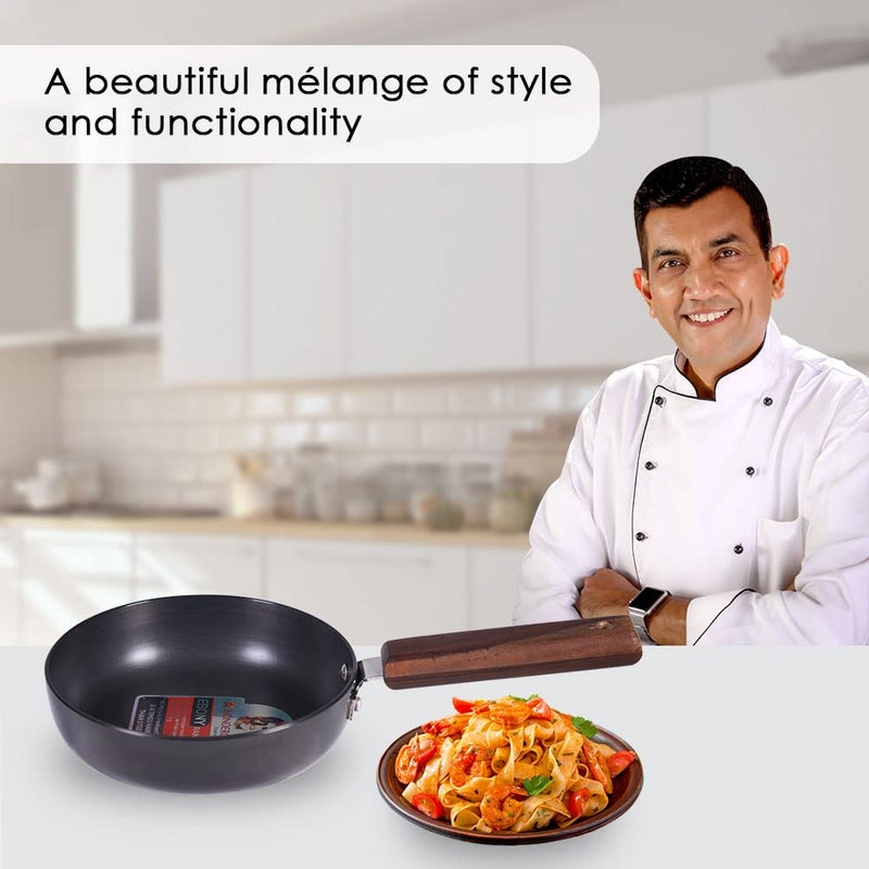 Wonderchef Ebony Non-stick 20 cm Deep Fry Pan with Lid with Induction Bottom & Wooden Handle | Hard Anodized Aluminium | Metal-spatula friendly | 3.25 mm thickness ideal for deep frying | 5 Years Warranty | Grey - Image 2