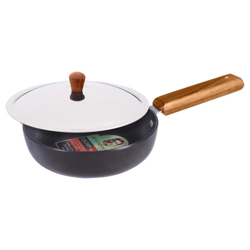Wonderchef Ebony Non-stick 20 cm Deep Fry Pan with Lid with Induction Bottom & Wooden Handle | Hard Anodized Aluminium | Metal-spatula friendly | 3.25 mm thickness ideal for deep frying | 5 Years Warranty | Grey - Image 1