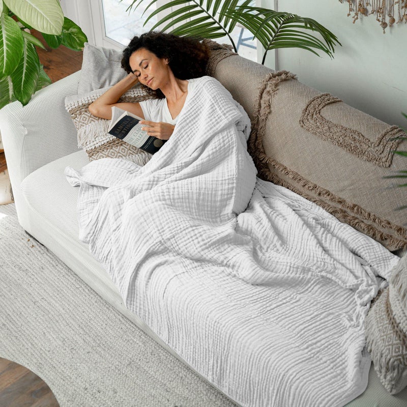 Comfy Cubs Muslin Blanket for Adults, Extra Large Twin 90” x 66”, 6 Layer Cooling Cotton Softness, Breathable & Warm Throw for Bedroom, Living Room Couch (White, Twin - Muslin) - Image 2