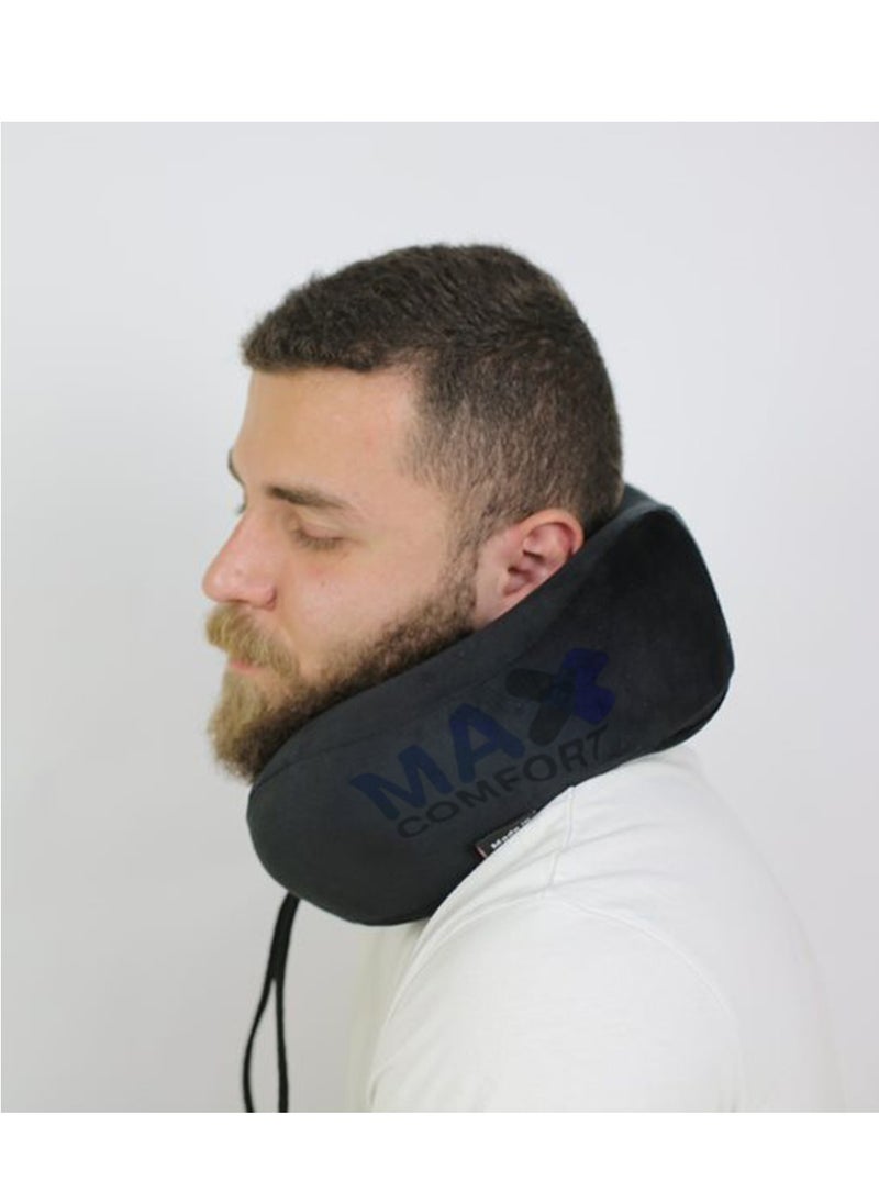 Max Comfort Modern Ergonomic Travel Neck Pillow – Lightweight and Portable with Soft Velvet Cover – Designed for Neck Pain Relief During Travel – Color: Black  - Image 3