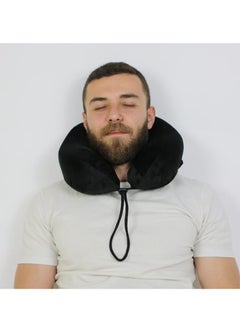 Max Comfort Modern medical travel neck pillow to prevent pain during travel, lightweight and easy to carry travel pillow with a luxurious soft velvet cover, black color  - Image 4