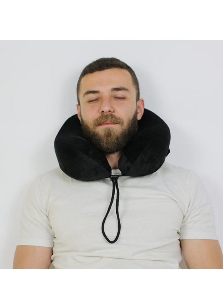 Max Comfort Modern Ergonomic Travel Neck Pillow – Lightweight and Portable with Soft Velvet Cover – Designed for Neck Pain Relief During Travel – Color: Black  - Image 4