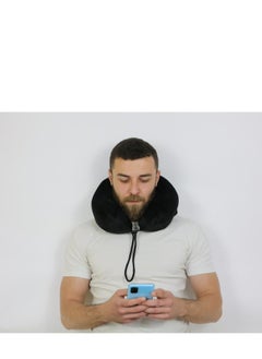 Max Comfort Modern medical travel neck pillow to prevent pain during travel, lightweight and easy to carry travel pillow with a luxurious soft velvet cover, black color  - Image 5