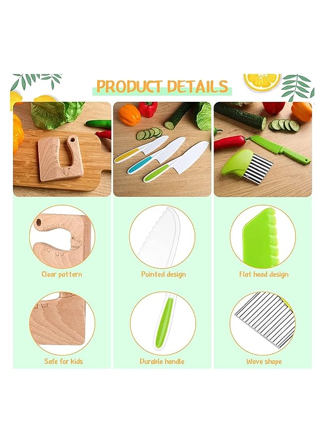 IAF Kids Kitchen Knife Set, 8 Pieces Include Wood Safe Knife, Potato Slicers, Knife Resistant Gloves, Apron, Serrated Edges Toddler Knife, for Real Cutting Fruit, Vegetable, Lettuce Tool(Crocodile) - Image 3