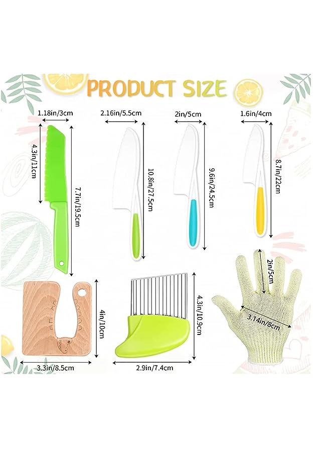 IAF Kids Kitchen Knife Set, 8 Pieces Include Wood Safe Knife, Potato Slicers, Knife Resistant Gloves, Apron, Serrated Edges Toddler Knife, for Real Cutting Fruit, Vegetable, Lettuce Tool(Crocodile) - Image 2