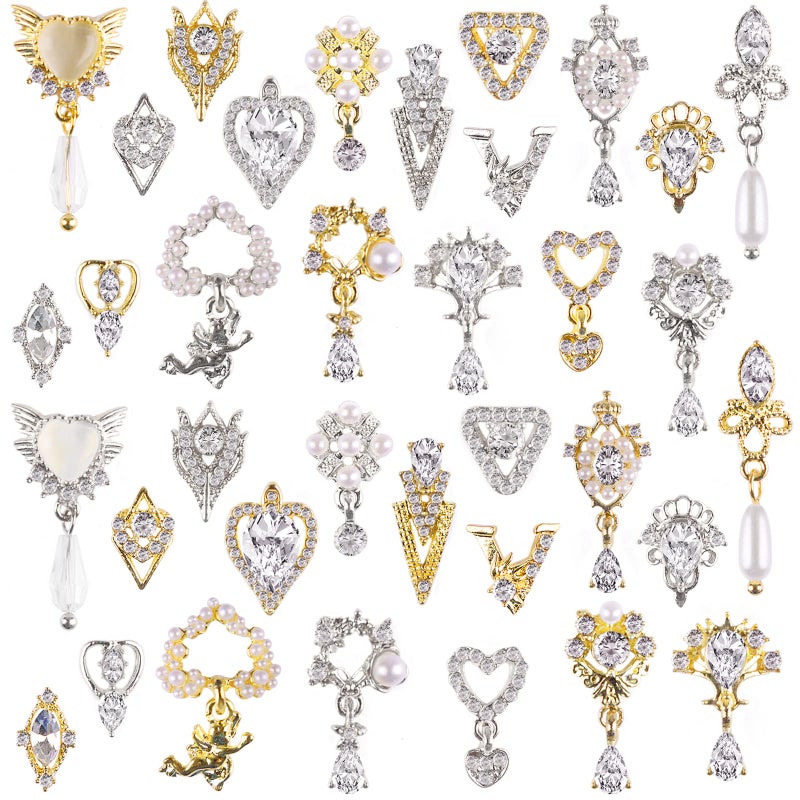 36 Pcs Luxury Nail Charms TOROKOM 3D Dangle Nail Art Rhinestones Gold Silver Heart Pearl Crystal Gems Nail Diamond for Girl Women DIY Nail Design Craft Jewelry Making