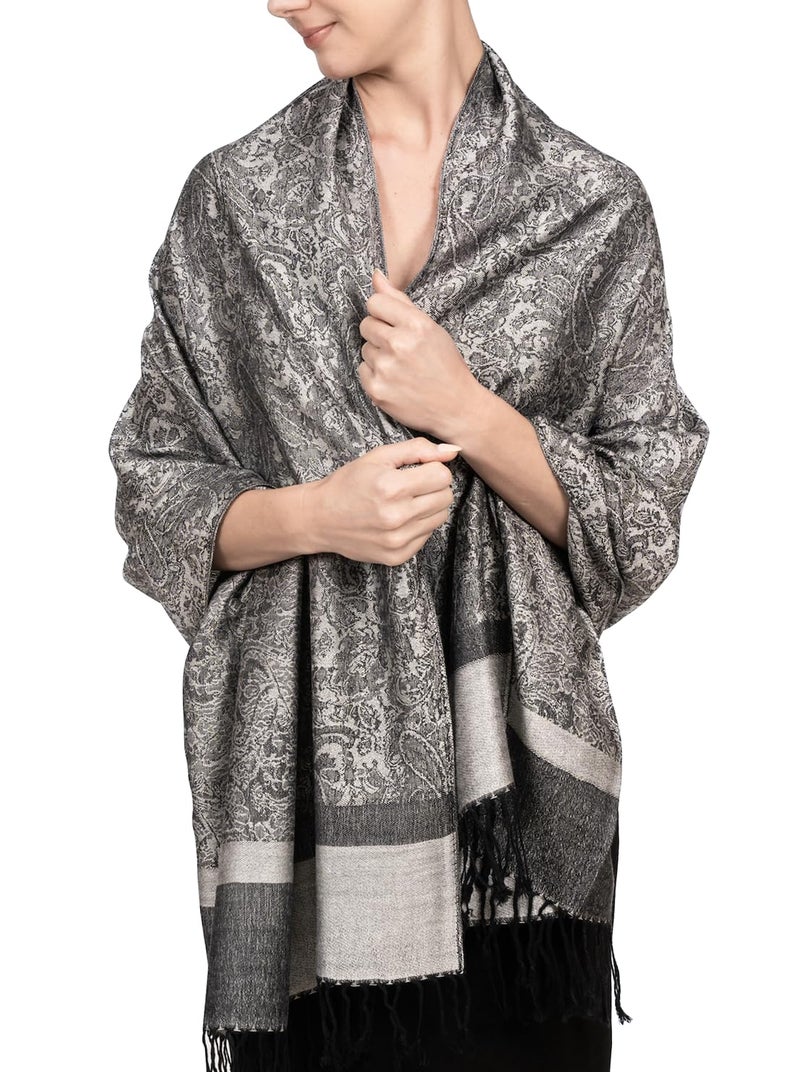 Achillea Two Tone Vintage Jacquard Paisley Pashmina Shawl Wrap Scarf (Light Grey) - Image 1