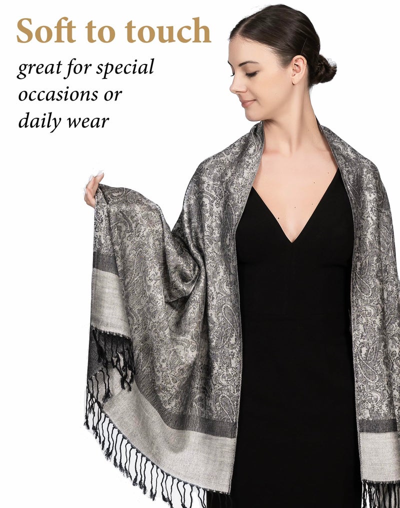 Achillea Two Tone Vintage Jacquard Paisley Pashmina Shawl Wrap Scarf (Light Grey) - Image 3