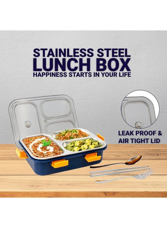 Brand Conquer Lunch Box 3 Compartment Leak-Proof BPA Free Stainless Steel for School, Lunch Box for School & Office with a Fork, a Spoon and a Pair of Chopsticks (3 Compartment, Blue) - Image 3