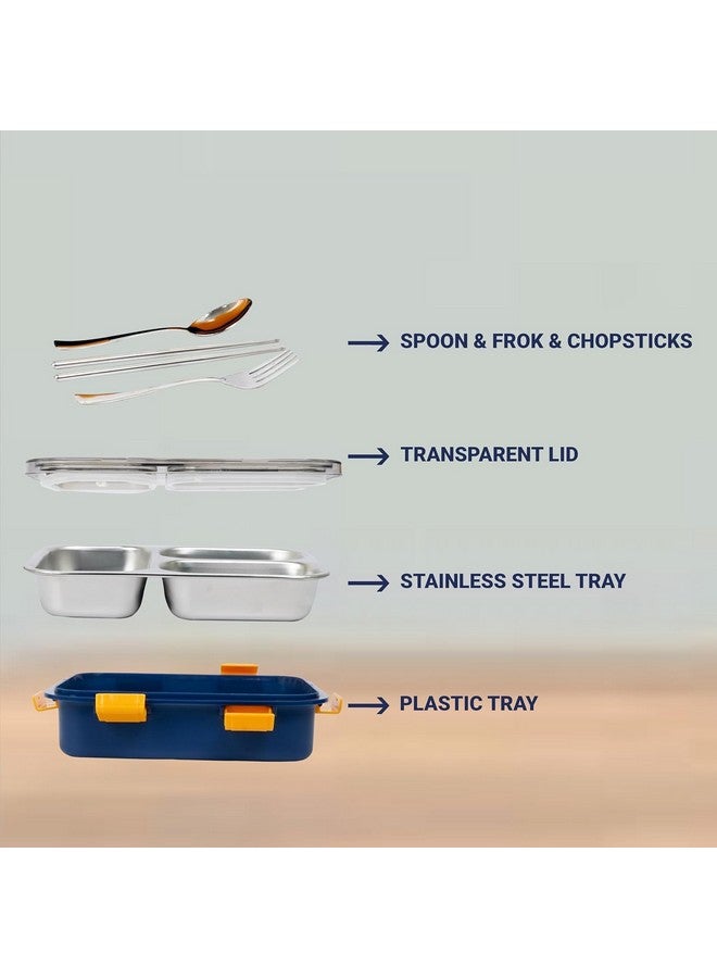 Brand Conquer Lunch Box 3 Compartment Leak-Proof BPA Free Stainless Steel for School, Lunch Box for School & Office with a Fork, a Spoon and a Pair of Chopsticks (3 Compartment, Blue) - Image 5