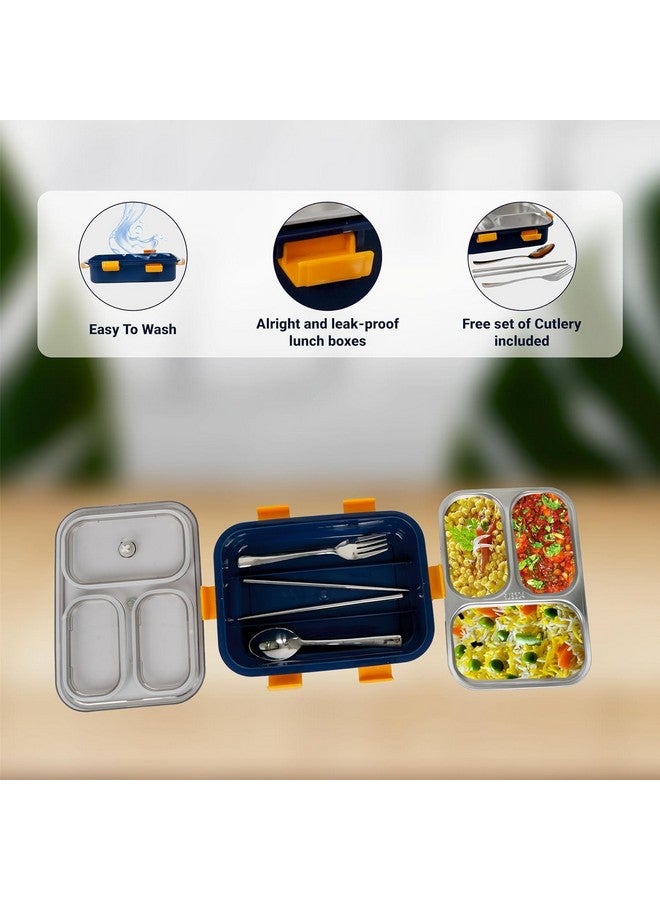 Brand Conquer Lunch Box 3 Compartment Leak-Proof BPA Free Stainless Steel for School, Lunch Box for School & Office with a Fork, a Spoon and a Pair of Chopsticks (3 Compartment, Blue) - Image 2