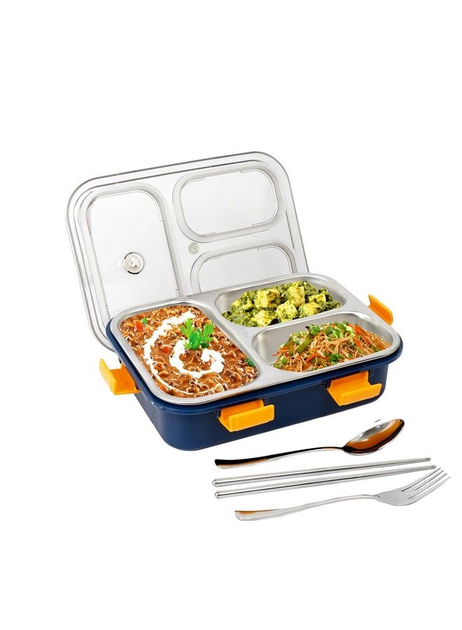 Brand Conquer Lunch Box 3 Compartment Leak-Proof BPA Free Stainless Steel for School, Lunch Box for School & Office with a Fork, a Spoon and a Pair of Chopsticks (3 Compartment, Blue) - Image 1