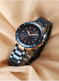 HALEI HALEI 2-piece luxury couple watch blue gold stainless steel quartz calendar watch rhinestone men's and women's watch set  - Image 5