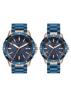 HALEI HALEI 2-piece luxury couple watch blue gold stainless steel quartz calendar watch rhinestone men's and women's watch set  - Image 1
