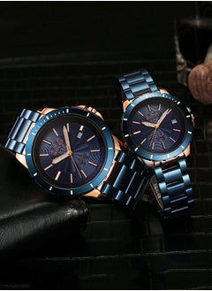 HALEI HALEI 2-piece luxury couple watch blue gold stainless steel quartz calendar watch rhinestone men's and women's watch set  - Image 2