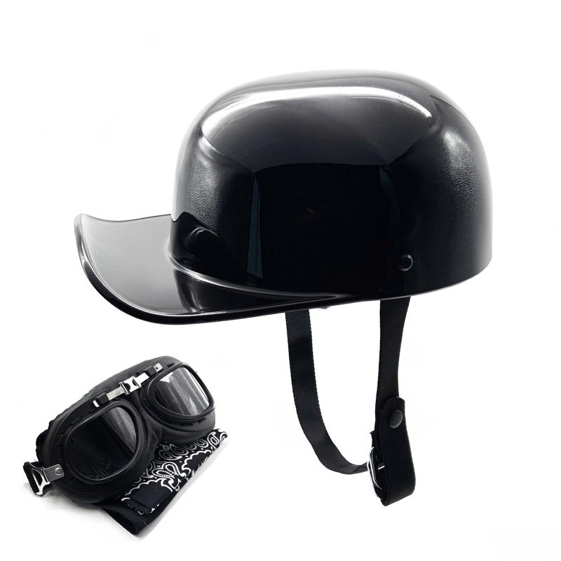 BwondMand Vintage Baseball Motorcycle Helmet Open Face Half Cap with Goggles for Men and Women Adults Moped Motorbike Jet Scooter Bike Street Cruiser Chopper Hat- DOT Approved(Black M - Image 1