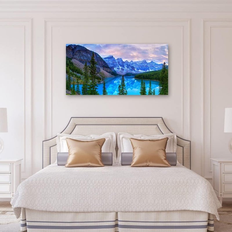 tigeridge Mountain Lake Wall Art Living Room Wall Decor Banff National Park Nature Landscape Canvas Picture Blue Sky Water Forest Canvas Print Artwork for Bedroom Office Home Framed Ready to Hang 20" x 40" - Image 3