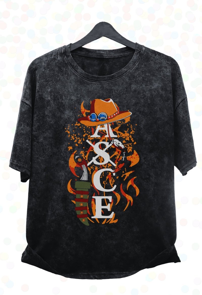 Fuddy Moda Fuddy Fashion Oversize One Piece Ace Printed Washed T-Shirt, Unisex Anime Printed Vintage T-Shirt - Image 1