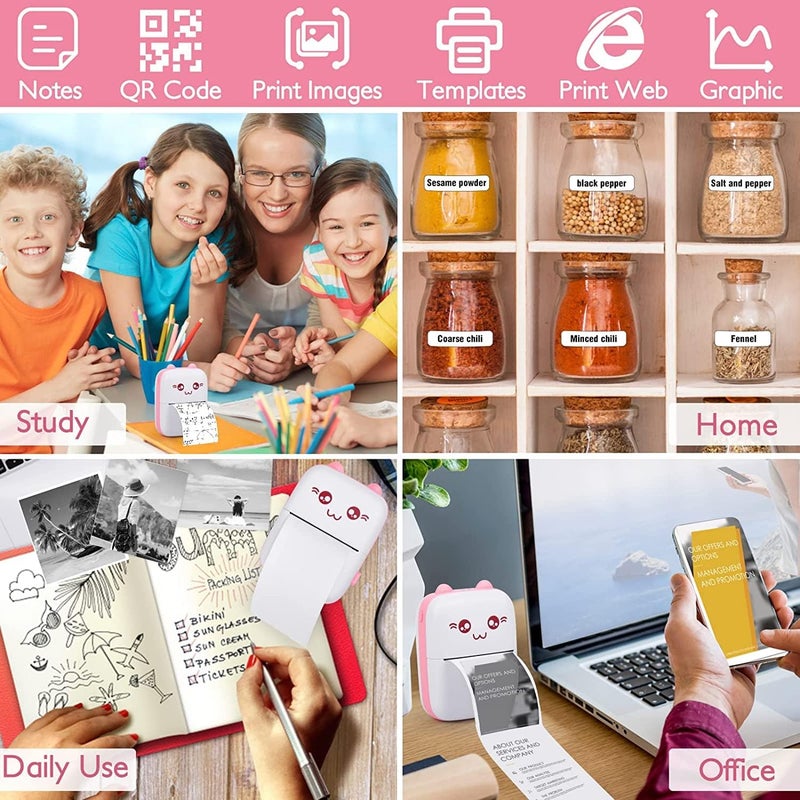 DMG TECH Portable Bluetooth Thermal Printer With 5 Rolls Printing Paper For Ios Android Smartphone (Pink) - Image 2