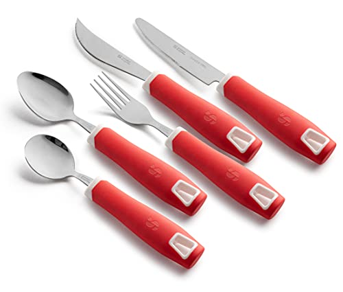 Special Supplies Adaptive Utensils 5Piece Set NonWeighted NonSlip Handles for Hand Tremors Arthritis Parkinsons or Elderly Use  Stainless Steel Knife Rocker Knife Fork Spoons  Red