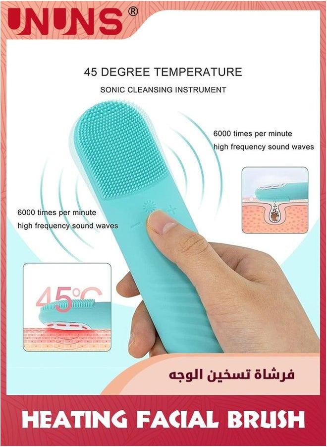 UNUNS Sonic Facial Cleansing Brush,Power Face Scrubber With 5 Speed Modes,Waterproof 3 in 1 Anion Import 45℃ Heating Massage,USB Rechargeable Silicone Brush,Blue - Image 2