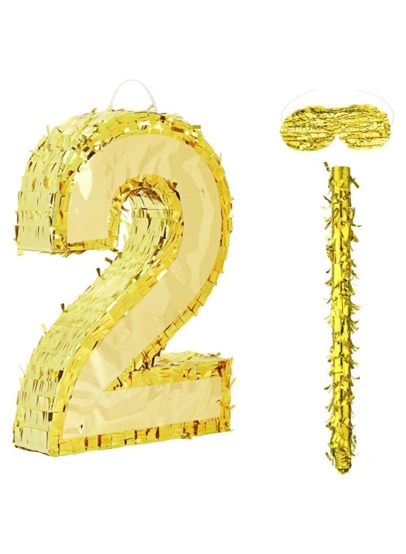 Goldedge 42x30x8cm Number Piñata Birthday Piñata Decorations Gold Foil Piñata with Stick Blindfold Confetti for Boy Girl Birthday Party Decorations Anniversary Celebrations Fiesta Supplies(Number 2) - Image 2