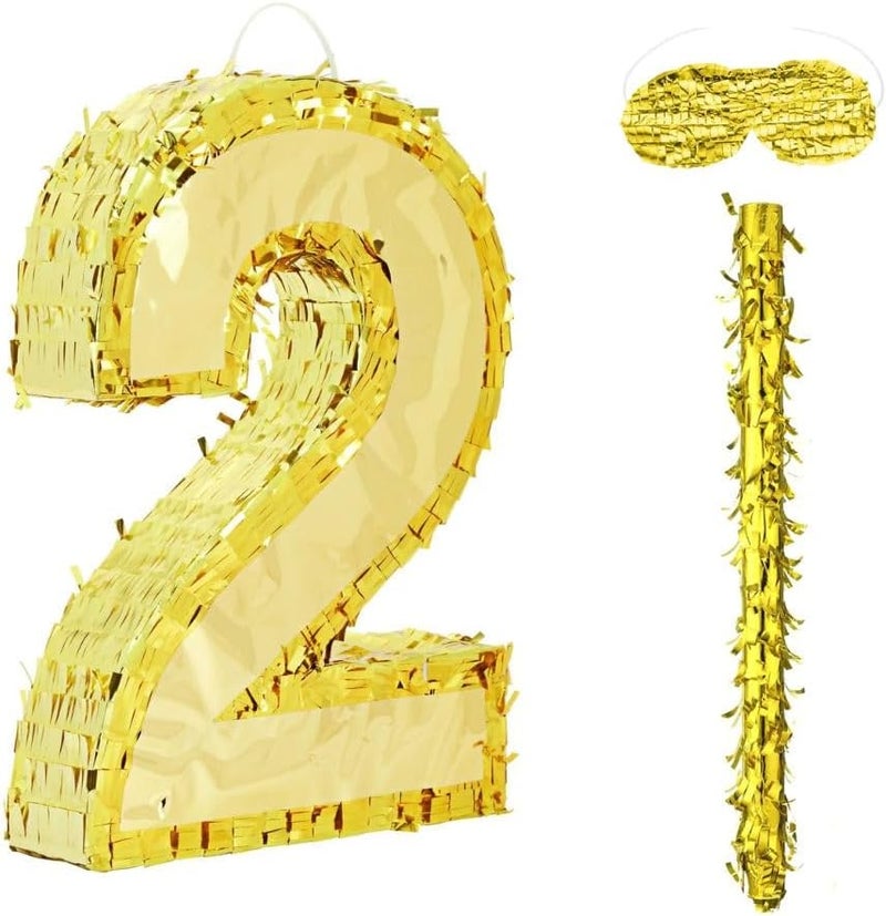 Goldedge 42x30x8cm Number Piñata Birthday Piñata Decorations Gold Foil Piñata with Stick Blindfold Confetti for Boy Girl Birthday Party Decorations Anniversary Celebrations Fiesta Supplies(Number 2) - Image 1