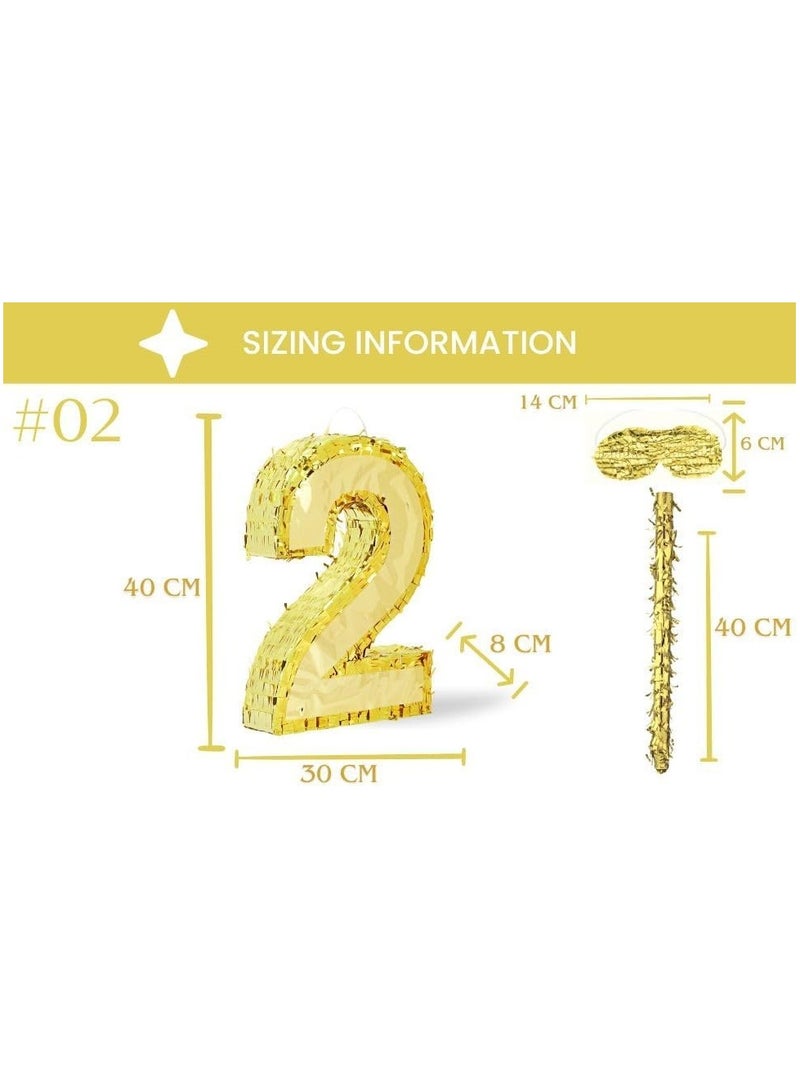 Goldedge 42x30x8cm Number Piñata Birthday Piñata Decorations Gold Foil Piñata with Stick Blindfold Confetti for Boy Girl Birthday Party Decorations Anniversary Celebrations Fiesta Supplies(Number 2) - Image 3