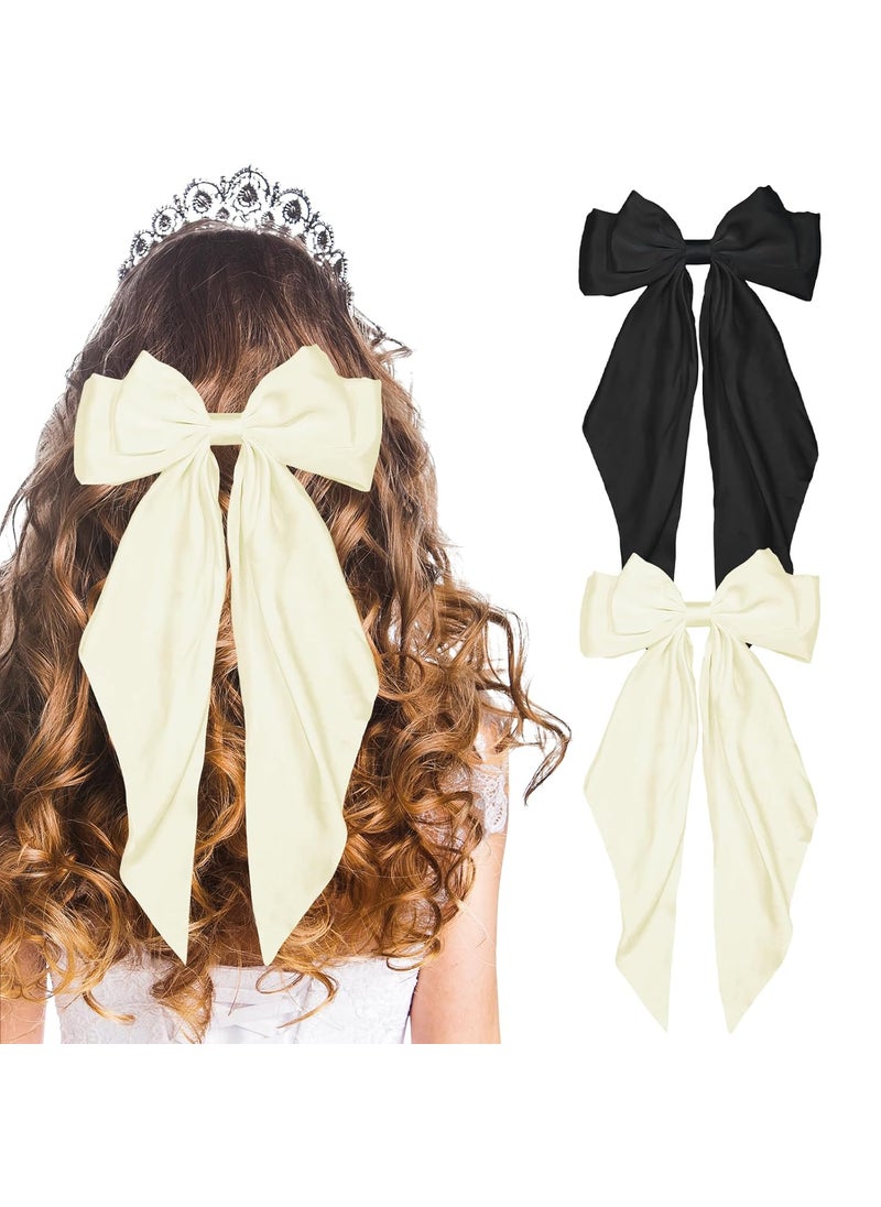 LSxia 2PCS Hair Bows for Women Black Hair Bow  Beige White Hair Bows for Hair Big Silky Satin Hair Bow Hair Ribbons Bow Hair Clips Bow Clips for Women Cute Hair Accessories Set B 