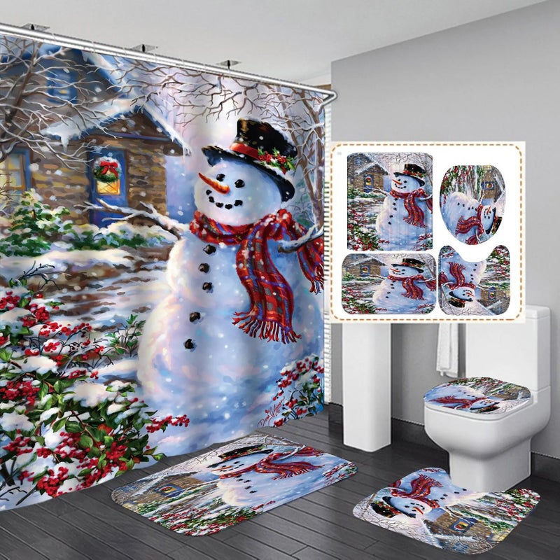 Y&D Christmas Design Decor Shower Curtain ,4 Piece Matching Window Bath Rug Mate and Shower Curtain Sets of Christmas - Image 1