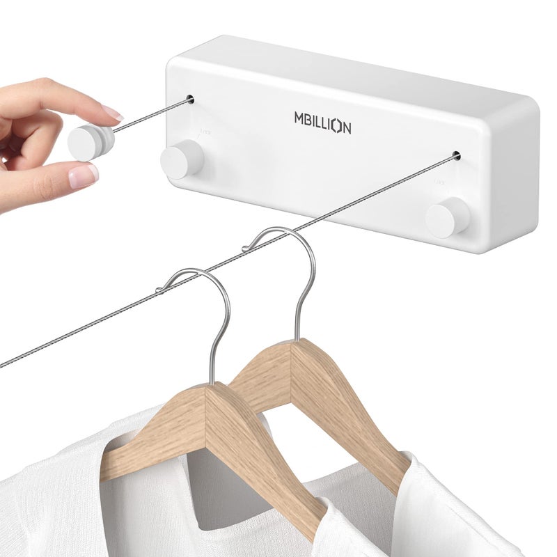Mbillion Retractable Clothesline 13.8 Ft Stainless Steel Double Clothes line retracting Indoor Heavy Duty Retractable Laundry Line Wall Mounted (Double Line-White) - Image 1