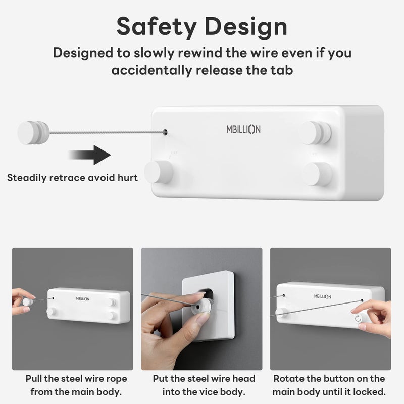 Mbillion Retractable Clothesline 13.8 Ft Stainless Steel Double Clothes line retracting Indoor Heavy Duty Retractable Laundry Line Wall Mounted (Double Line-White) - Image 5