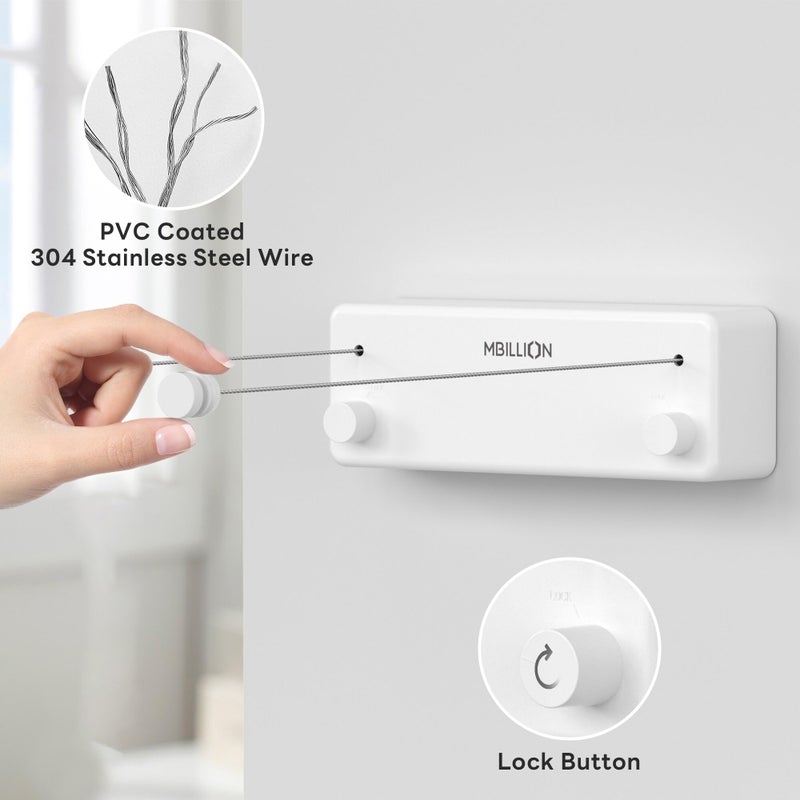 Mbillion Retractable Clothesline 13.8 Ft Stainless Steel Double Clothes line retracting Indoor Heavy Duty Retractable Laundry Line Wall Mounted (Double Line-White) - Image 3