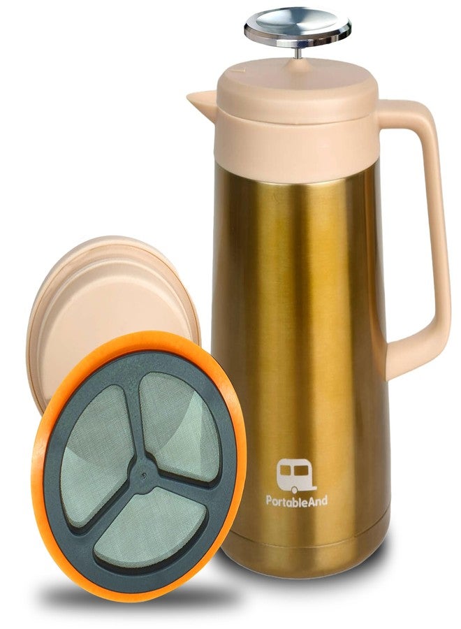 PortableAnd 34oz Double Vacuum Insulation Large Silicone French Press Coffee Maker, Metal Stainless Steel, Matte Black, Perfect for Camping, Travel, and At-Home Use (Light Gold) - Image 1