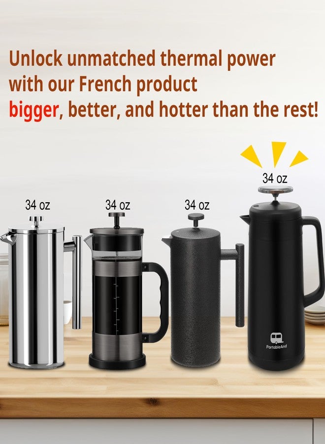 PortableAnd 34oz Double Vacuum Insulation Large Silicone French Press Coffee Maker, Metal Stainless Steel, Matte Black, Perfect for Camping, Travel, and At-Home Use (Light Gold) - Image 2