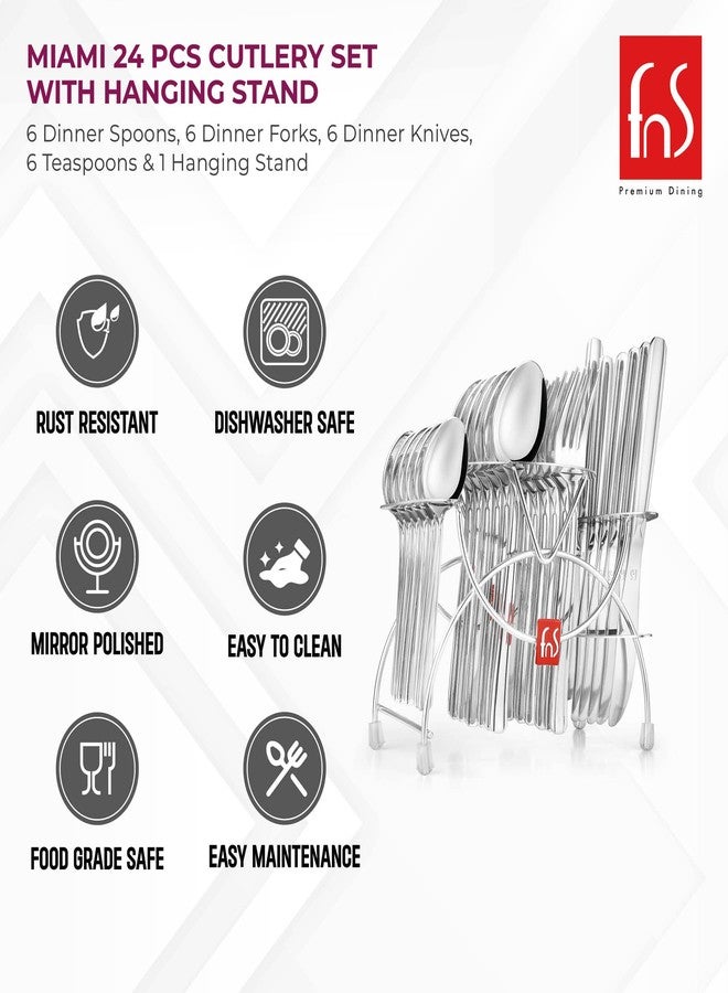 FnS Miami Stainless Steel 24 Pcs Cutlery Set with Hanging Stand - Includes 6 Dinner Spoons, 6 Dinner Forks, 6 Teaspoons, 6 Dinner Knives, 1 Stand, Elegant and Durable Design - Image 5