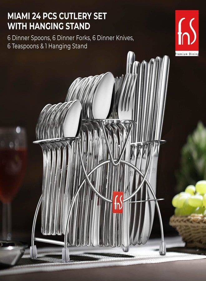 FnS Miami Stainless Steel 24 Pcs Cutlery Set with Hanging Stand - Includes 6 Dinner Spoons, 6 Dinner Forks, 6 Teaspoons, 6 Dinner Knives, 1 Stand, Elegant and Durable Design - Image 2