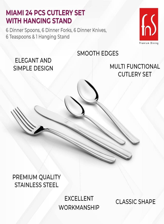 FnS Miami Stainless Steel 24 Pcs Cutlery Set with Hanging Stand - Includes 6 Dinner Spoons, 6 Dinner Forks, 6 Teaspoons, 6 Dinner Knives, 1 Stand, Elegant and Durable Design - Image 3