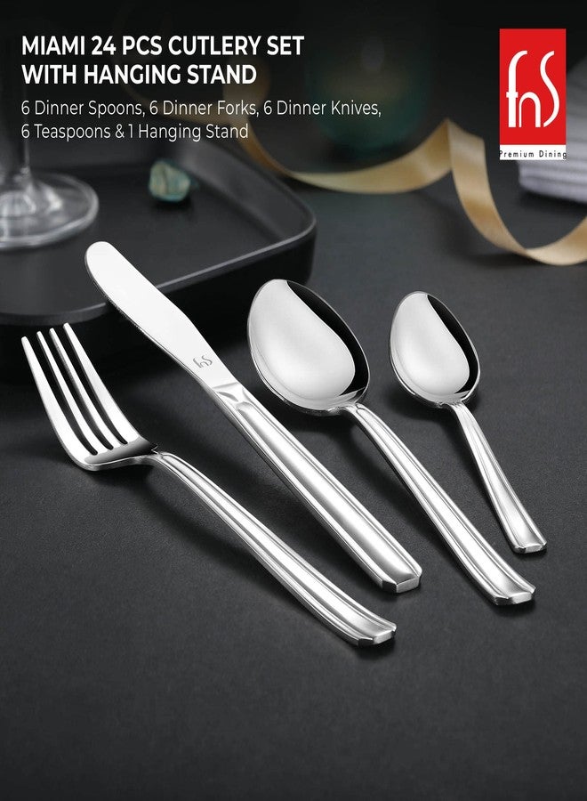 FnS Miami Stainless Steel 24 Pcs Cutlery Set with Hanging Stand - Includes 6 Dinner Spoons, 6 Dinner Forks, 6 Teaspoons, 6 Dinner Knives, 1 Stand, Elegant and Durable Design - Image 4
