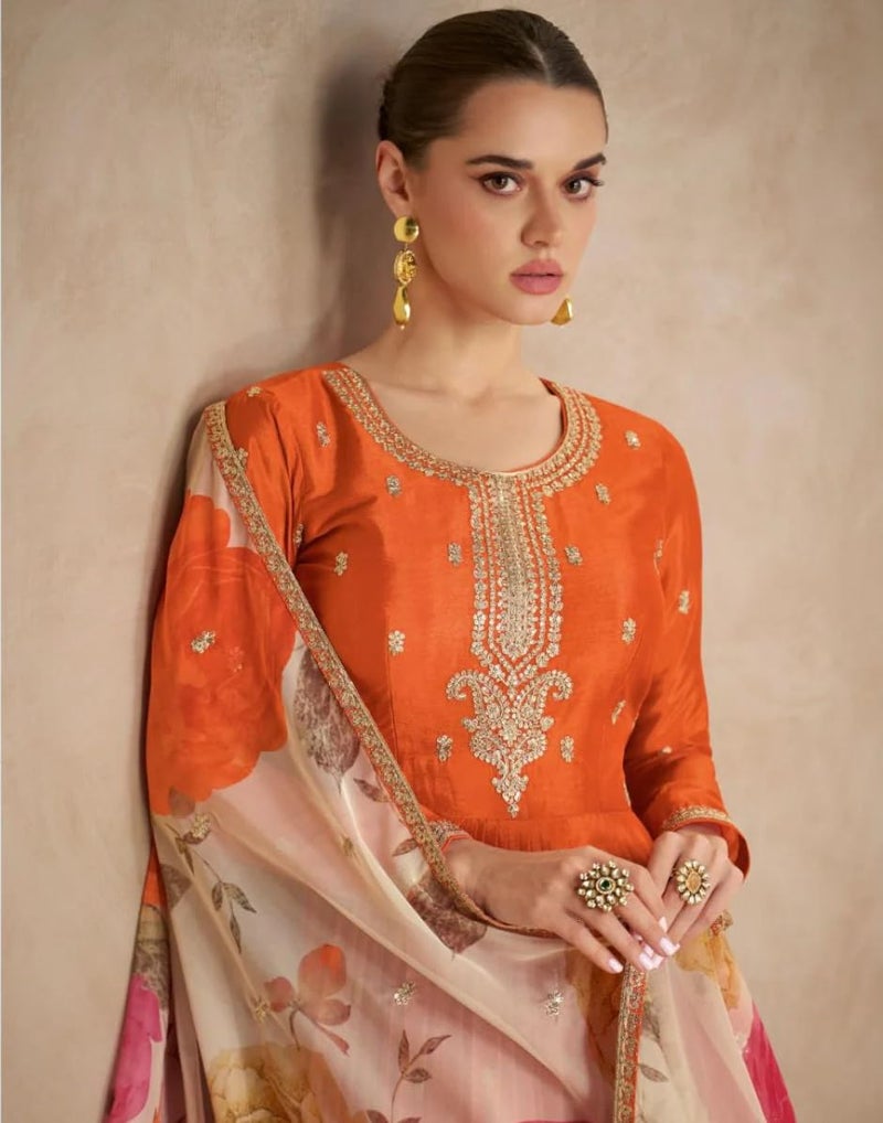 Miss Ethnik Women's Orange Chinon Stitched Gown With Dupatta Full Sleeve Embroidered A-Line Gown (ME-1307-Orange-4XL) - Image 3